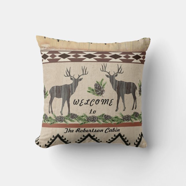 Rustic Cabin Welcome Family Name Deer Antlers Pine Cushion (Front)