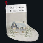 Rustic Cabin Winter Snow Woodland Forest Large Christmas Stocking<br><div class="desc">Features your custom text at the top, and a pretty woodland forest snow scene below. This whimsical design shows a rustic cabin or house, in a snowy forest with trees all around it. The house is a dark blue-grey with golden yellow lights glowing in the windows, and snow on the...</div>
