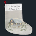 Rustic Cabin Winter Snow Woodland Forest Large Christmas Stocking<br><div class="desc">Features your custom text at the top, and a pretty woodland forest snow scene below. This whimsical design shows a rustic cabin or house, in a snowy forest with trees all around it. The house is a dark blue-grey with golden yellow lights glowing in the windows, and snow on the...</div>