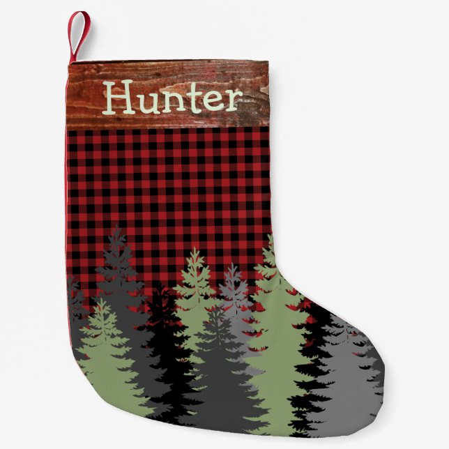 Rustic Cabin Woods Forest Red Black Plaid Name Small Christmas Stocking (Front)