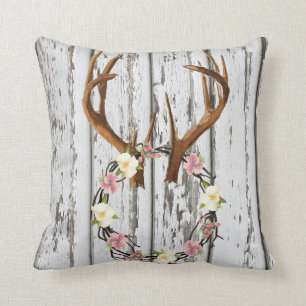 Rustic Cabin Wreath of Flowers on Antlers Design Cushion