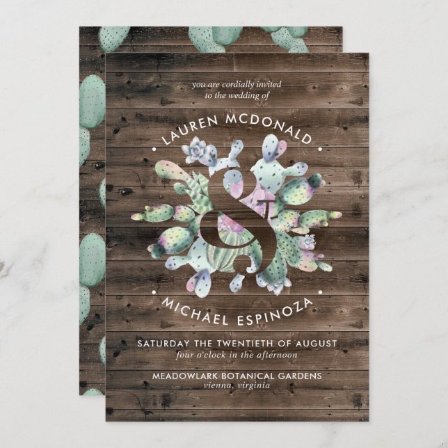Rustic Cactus & Barnwood Wedding Invitation (Front/Back)