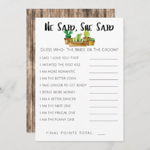 Rustic Cactus Bridal Shower Game-He/She Said Invitation