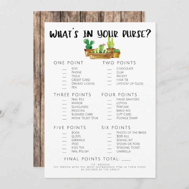Rustic Cactus Bridal Shower Game-Purse Invitation (Front/Back)