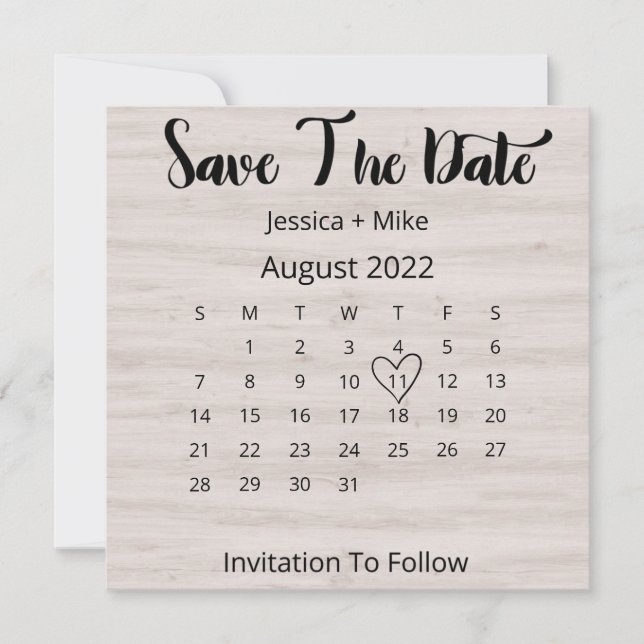 Rustic Calendar August Wedding Flat Save The Date  (Front)