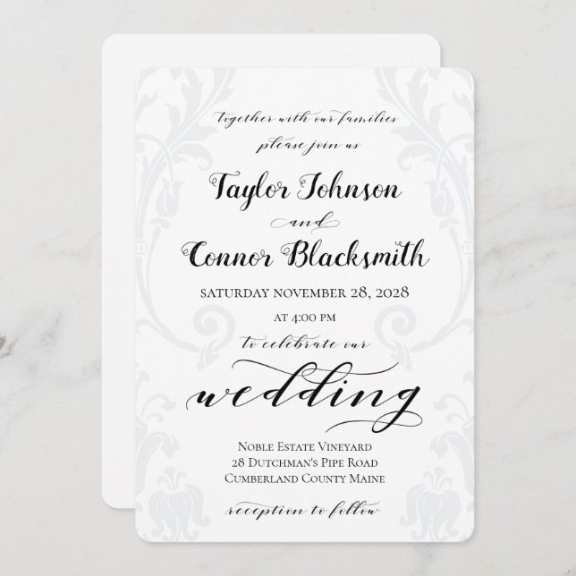 Rustic Calligraphy Acanthus Damask Wedding Invitation (Front/Back)