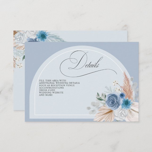 Rustic Calligraphy Boho Dusty Blue Pampas Details Enclosure Card (Front/Back)