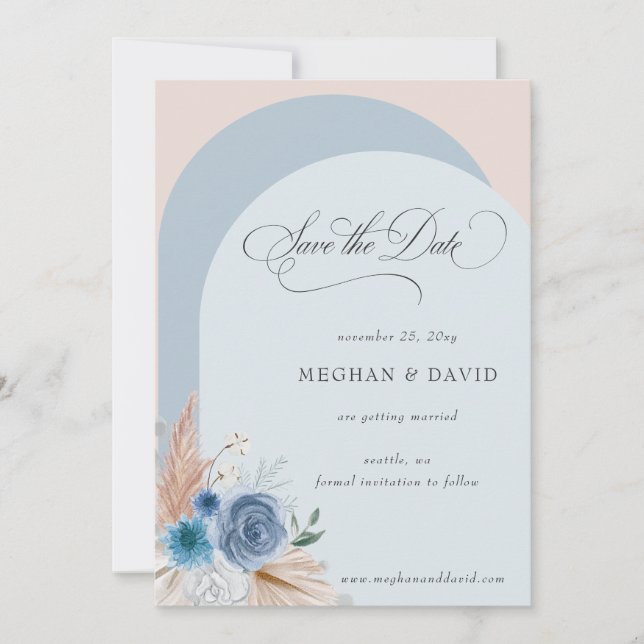 Rustic Calligraphy Boho Dusty Blue Pampas Save The Date (Front)