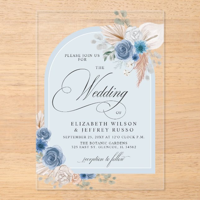 Rustic Calligraphy Boho Dusty Blue Pampas Wedding Acrylic Invitations (Front)