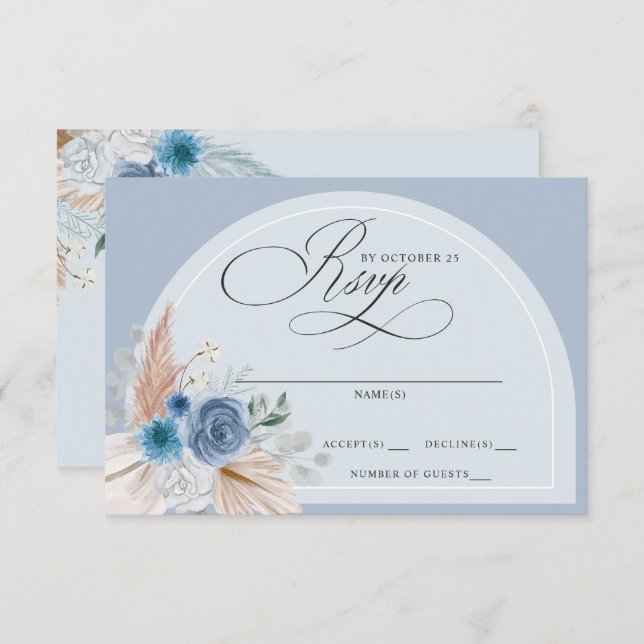Rustic Calligraphy Boho Dusty Blue Pampas Wedding RSVP Card (Front/Back)