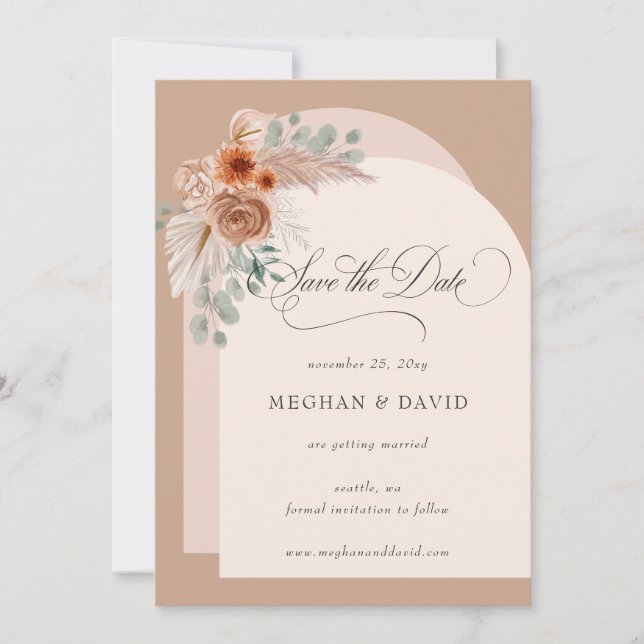Rustic Calligraphy Boho Terracotta Pampas Save The Date (Front)