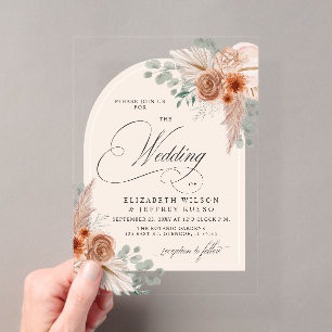 Rustic Calligraphy Boho Terracotta Pampas Wedding Acrylic Invitations