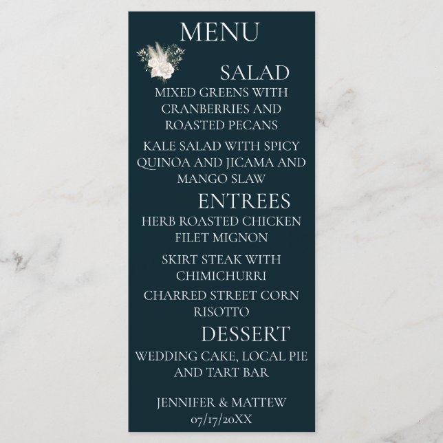 Rustic Calligraphy Elegant Wedding Menu Cards Navy (Front)