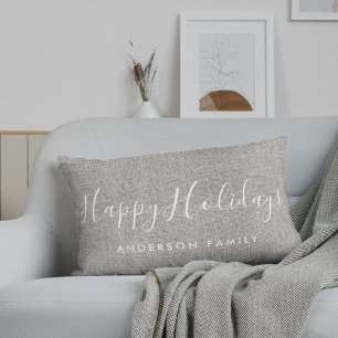 Rustic Calligraphy Happy Holidays Family Name Lumbar Cushion
