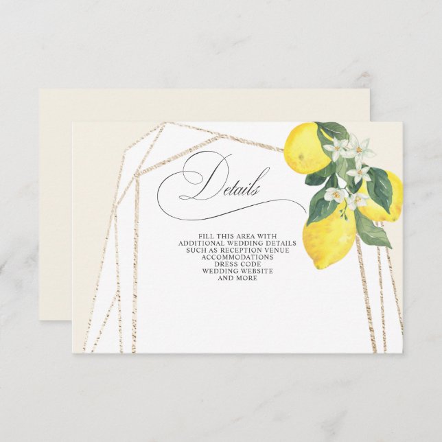 Rustic Calligraphy Lemon Citrus Summer Wedding Enclosure Card (Front/Back)