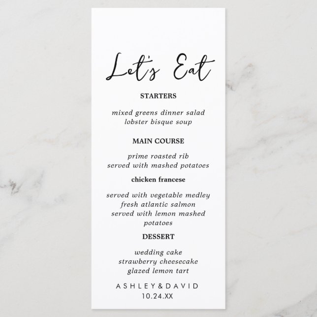 Rustic Calligraphy Let's Eat Wedding Dinner Menu (Front)