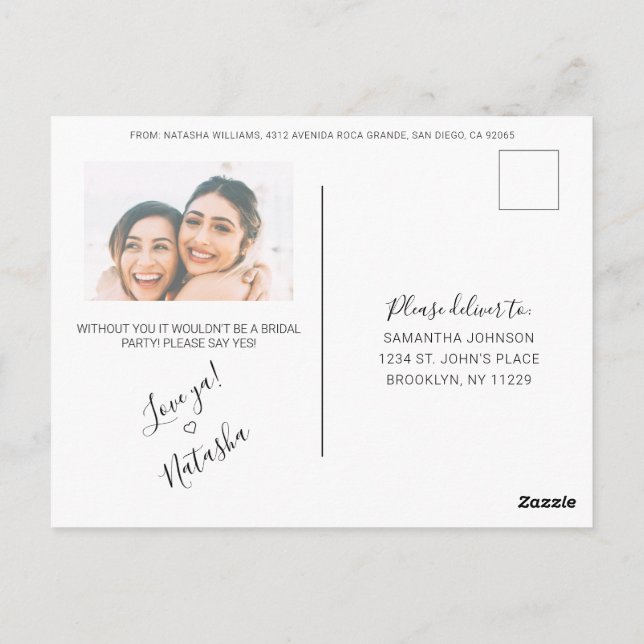 Rustic Calligraphy Photo Bridesmaid Proposal Postcard (Back)