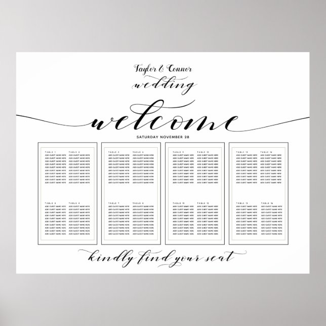 Rustic Calligraphy Wedding 160 Guest Seating Poster (Front)