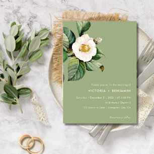 Rustic Camelia Floral Sage Minimal Simple Wedding Invitation