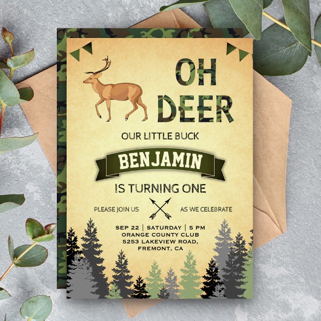 Rustic Camo Deer Hunting First Birthday Invitation (Creator Uploaded)