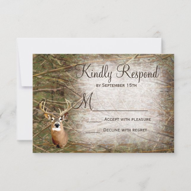 Rustic Camo Hunting Deer Antlers Wedding RSVP (Front)