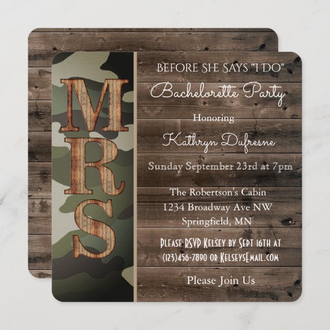 Rustic Camouflage Bachelorette Party Invitation (Front/Back)
