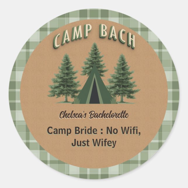 Rustic Camp Bach Plaid, Evergreen Tent Custom Text Classic Round Sticker (Front)