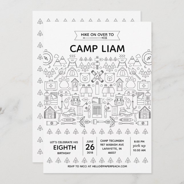 Rustic Camping Birthday Party Invitation for a Boy (Front/Back)
