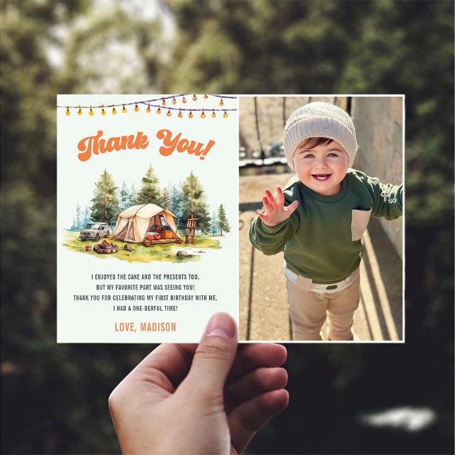 Rustic Camping Birthday Photo Thank You Card  (Creator Uploaded)