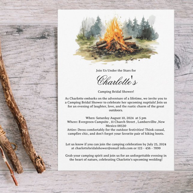 Rustic Camping Glamping Camp Fire Bridal Shower Invitation (Creator Uploaded)