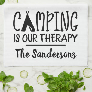 Rustic Camping is Our Therapy Tent Family Name Tea Towel