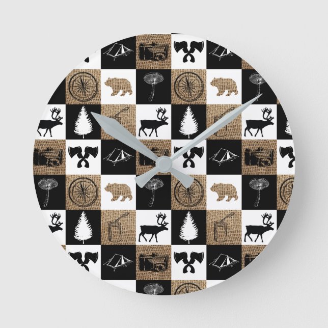 Rustic Camping Outdoors Adventure Round Clock (Front)