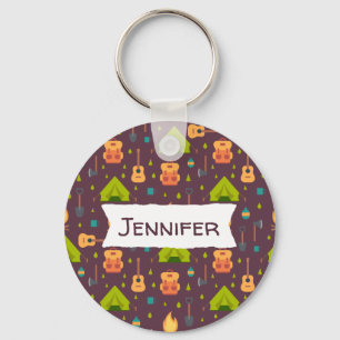 Rustic Camping Pattern Tents and Guitars Key Ring