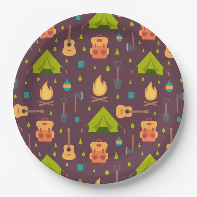 Rustic Camping Pattern Tents and Guitars Paper Plate (Front)