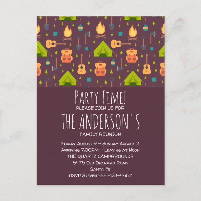 Rustic Camping Pattern Tents and Guitars Reunion Postcard (Front)