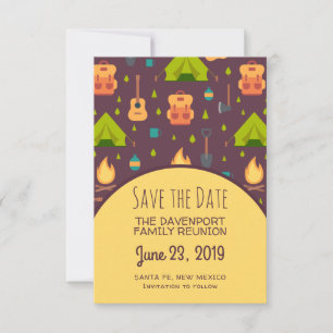Rustic Camping Pattern Tents and Guitars Reunion Save The Date