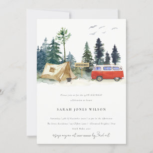Rustic Camping Watercolor Pine Forest Birthday Invitation