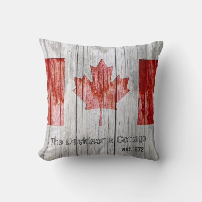 Rustic Canada Maple Leaf Flag Design on Grey Wood Cushion (Front)