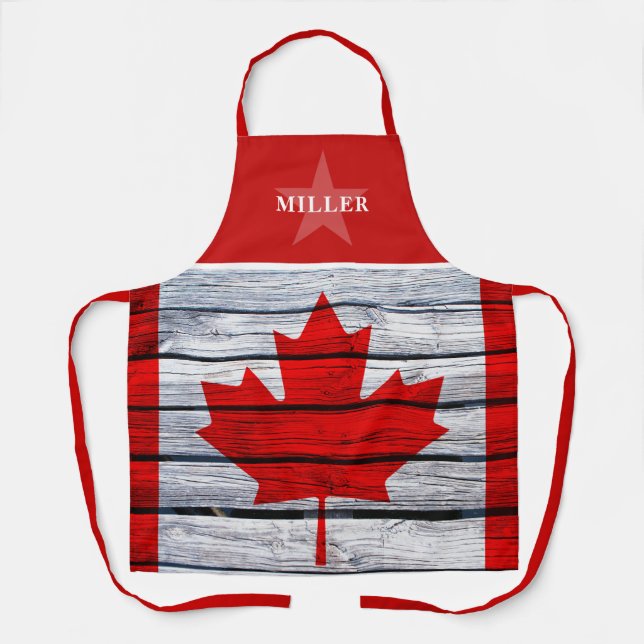 Rustic Canadian Flag & Star Family Name Apron (Front)