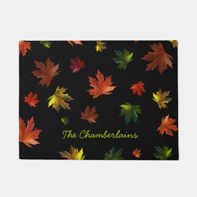 Rustic Canadian Maple Leaf on Black Doormat (Front)