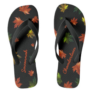 Rustic Canadian Maple Leaf on Black Thongs