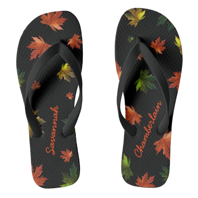 Rustic Canadian Maple Leaf on Black Thongs (Footbed)