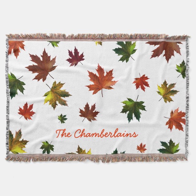 Rustic Canadian Maple Leaf with Your Name on White Throw Blanket (Front)