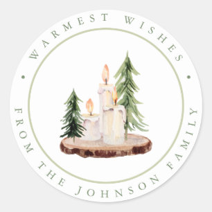 Rustic Candles on Wood Christmas Warmest Wishes Classic Round Sticker