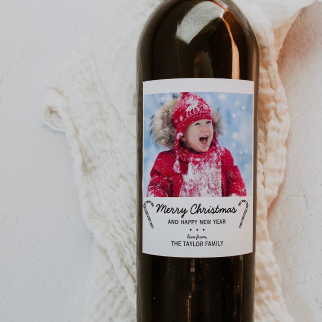 Rustic Candy Cane Christmas Photo Wine Label (Creator Uploaded)