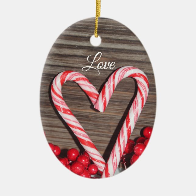 Rustic Candy Cane Heart Love Personalised Ceramic Ornament (Front)