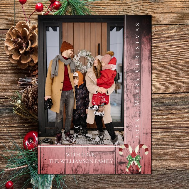 Rustic Candy Canes Christmas | Pink Holiday Card (Pink Rustic Candy Canes Christmas Photo Card)