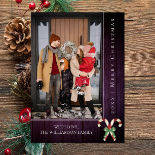 Rustic Candy Canes Christmas Purple Photo Card