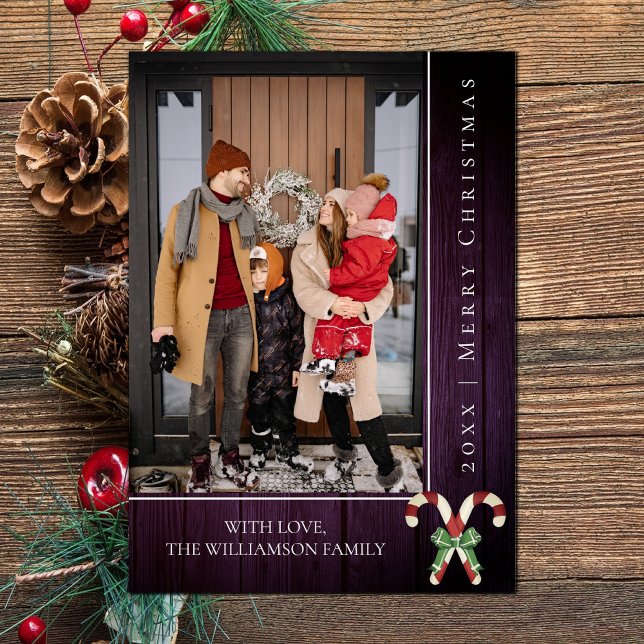 Rustic Candy Canes Christmas | Purple Photo Card (Purple Rustic Candy Canes Christmas Photo Card)