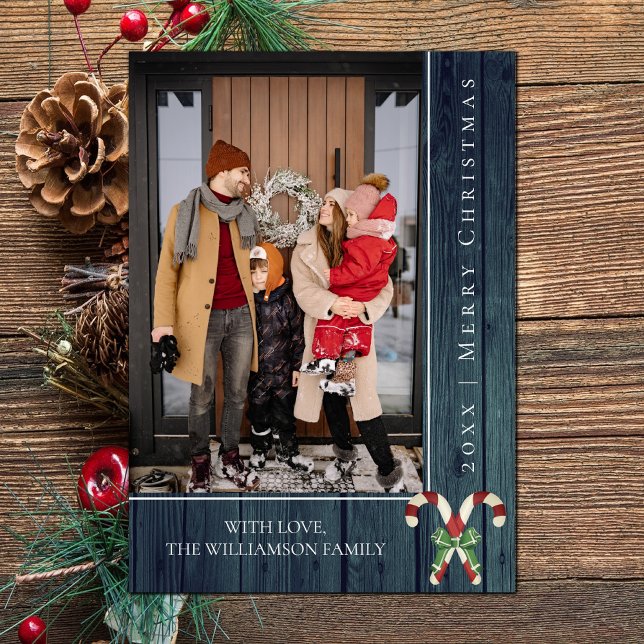 Rustic Candy Canes Christmas | Teal Photo Card (Teal Rustic Candy Canes Christmas Photo Card)